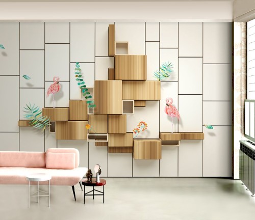 Fototapeta flamingo i drewniane kostki