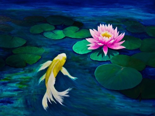 Fototapeta Yellow Butterfly Koi i Pink Water Lily