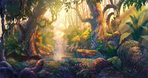 Fototapeta Zachód słońca w lesie fantasy