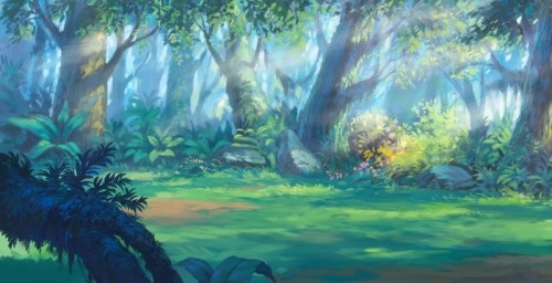 Fototapeta Wschód słońca rano wewnątrz ilustracji fantasy las malarstwo