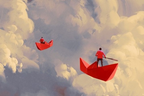 Fototapeta Mężczyźni na origami czerwony papier łodzie pływające w pochmurne niebo, ilustracja malarstwo