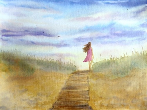 Fototapeta Akwarela ręcznie rysowane ilustracja Seascape z dziewczyną spaceru wzdłuż plaży wieczorem.