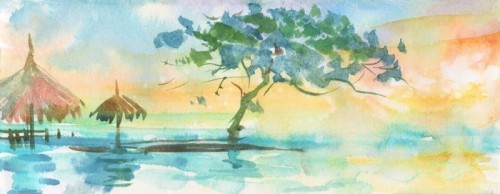 Fototapeta Egzotyczny krajobraz akwarela słońce. malowanie tropikalnych palm, oceanów i bungalowów poziome tło. ręcznie rysowane streszczenie natura ilustracja