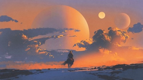 Fototapeta Kowboj jazda na koniu przed zachodem słońca niebo z tłem planet, cyfrowy styl sztuki, malarstwo ilustracja