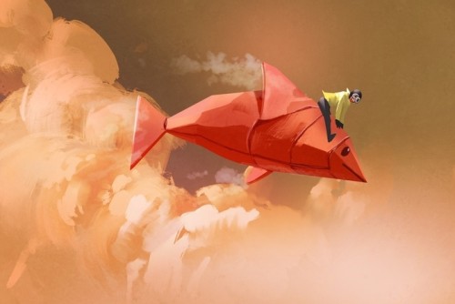 Fototapeta Dziewczyna jazda na papierze origami czerwona ryba w chmurach, malarstwo ilustracja