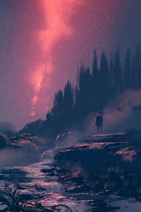 Fototapeta Człowiek stojący na skale z wodospadem patrząc na nocne niebo, malarstwo ilustracja