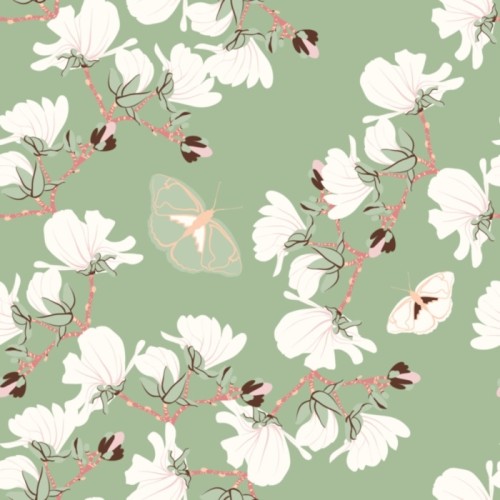 Fototapeta Magnolias kwiatowy wzór. orientalne motywy kwitnące botaniczne rozproszone losowo. bezszwowa wektorowa tekstura. drukowanie w stylu wyciągnąć rękę w mięty tle.