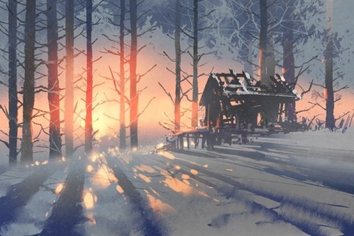 Fototapeta Zimowy krajobraz opuszczonego domu w lesie, ilustracja malarstwo