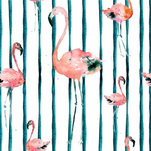 Fototapeta Ręcznie rysowane illlustration z flamingo i paski. motyw egzotycznej plaży letniej. projekt stroje kąpielowe, pakowanie, tło, tkaniny. wydruk hawajski. powtarzające się ozdoby ptaków dżungli. Afryka.