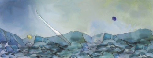 Fototapeta Streszczenie cyfrowy krajobraz oceanu malowane fantasy lub tekstury tła z żaglem