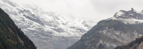 Fototapeta Piękny jesienny czas w miejscowości lauterbrunnen w szwajcarskich Alpach, brama do słynnego jungfrau. położony w dolinie z kamienistymi klifami i rykiem
