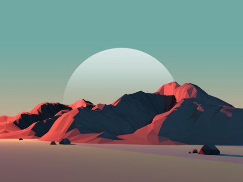 Fototapeta Low-Poly Pejzaż górski na zmierzchu z księżyca