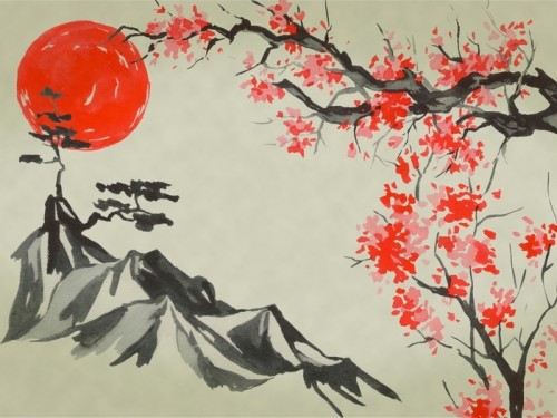 Fototapeta Japonia tradycyjne sumi-e malarstwo. Ilustracja akwarela i atrament w stylu sumi-e, u-sin. góra fuji, sakura, zachód słońca. słońce japonskie. ilustracja indyjski atrament. japoński obraz.