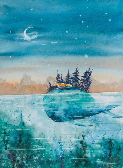 Fototapeta Ilustracja książka dla dzieci -whale i lis podróżujących razem. obraz wykonany akwarelami.