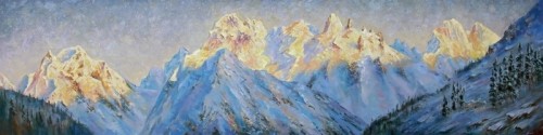 Fototapeta Obraz olejny na płótnie. złote szczyty regionu Elbrus o świcie. górski krajobraz w jasnych i soczystych odcieniach. autor: nikolay sivenkov.