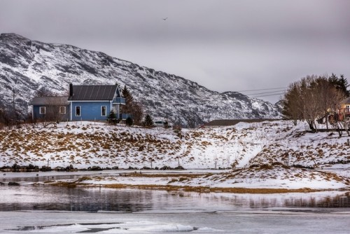 Fototapeta Niebieski dom w zamarzniętym jeziorze nad górami, Lofoty, Norwegia