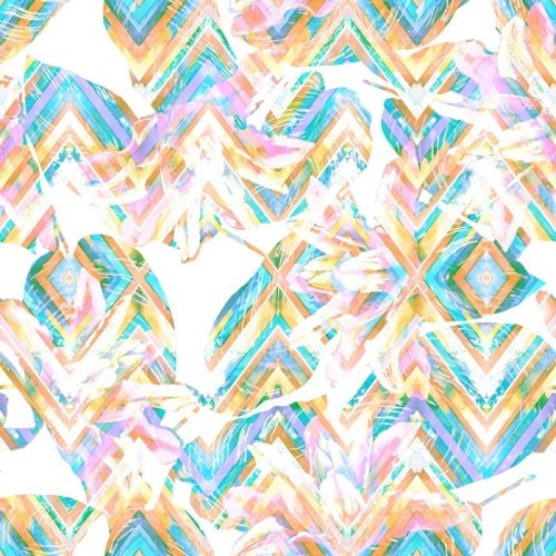 Fototapeta Jednolite kwiatowy wzór tropikalnych. Orientalne lilie różowe i egzotyczne Calathea pozostawia na kolorowym ornamentem geometrycznym, efekt mieszanego. Delikatnych barwach. Ręcznie malowane akwarela sztukę. Tkaniny tekstury.