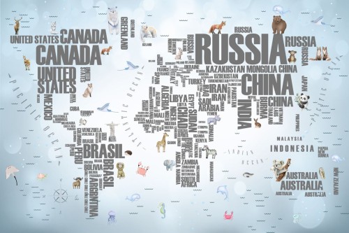 Fototapeta mapa z napisami i zwierzętami