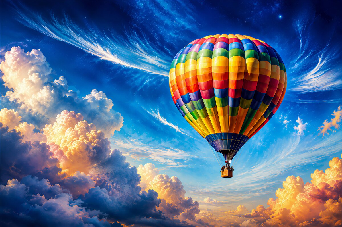 Fototapeta balon na gorące powietrze wśród pastelowych chmur