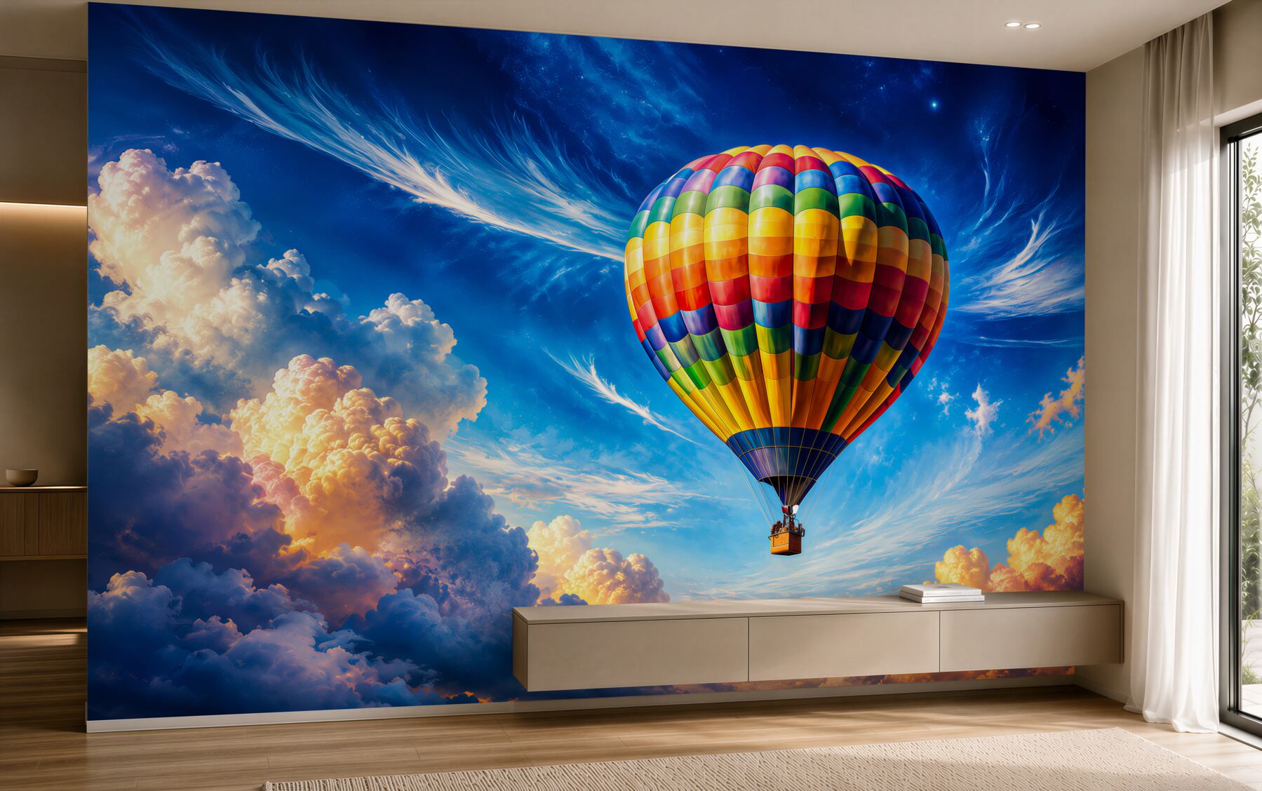 Fototapeta balon na gorące powietrze wśród pastelowych chmur