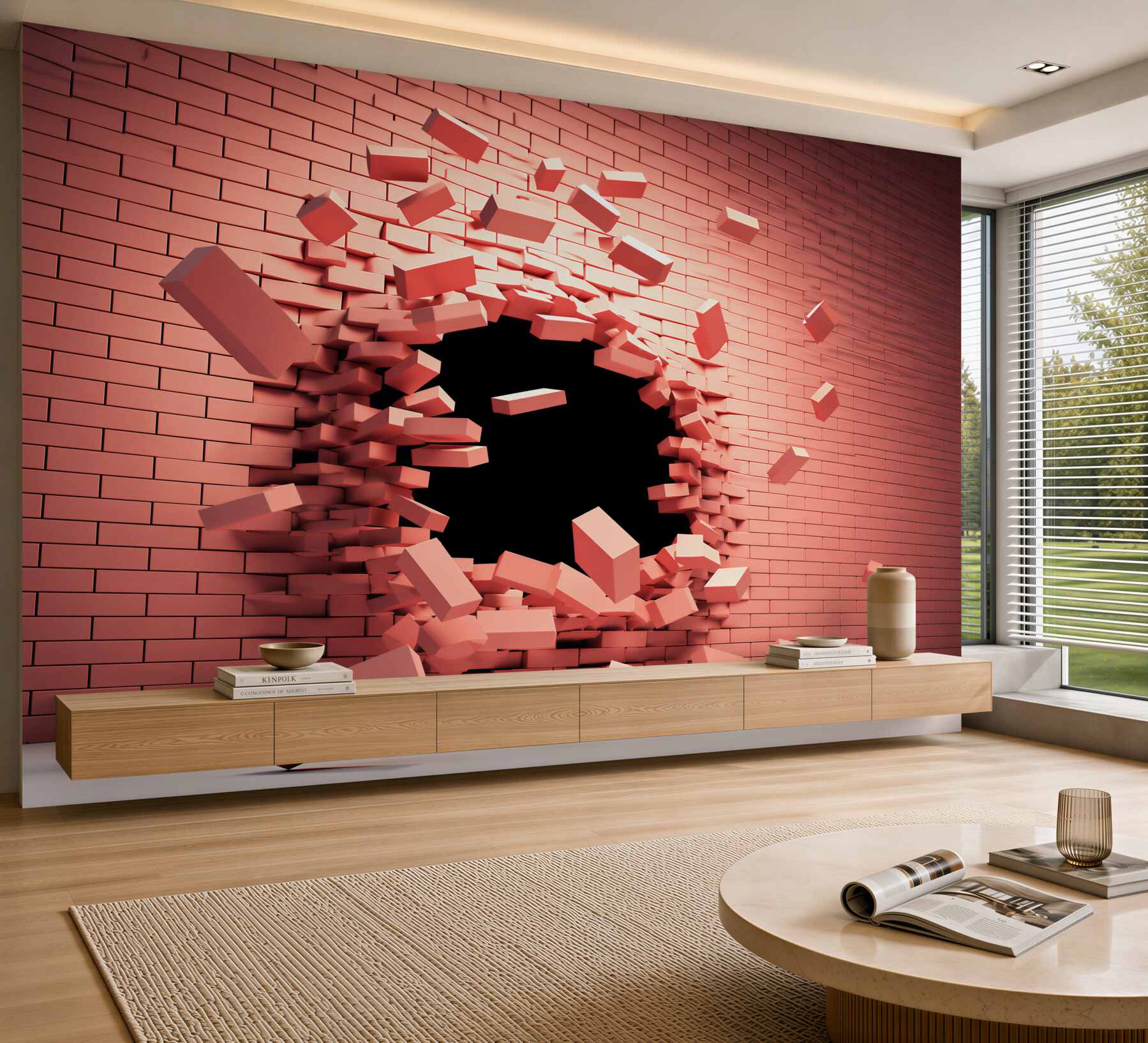 Fototapeta pękająca różowa ściana 3D z otworem nowoczesna