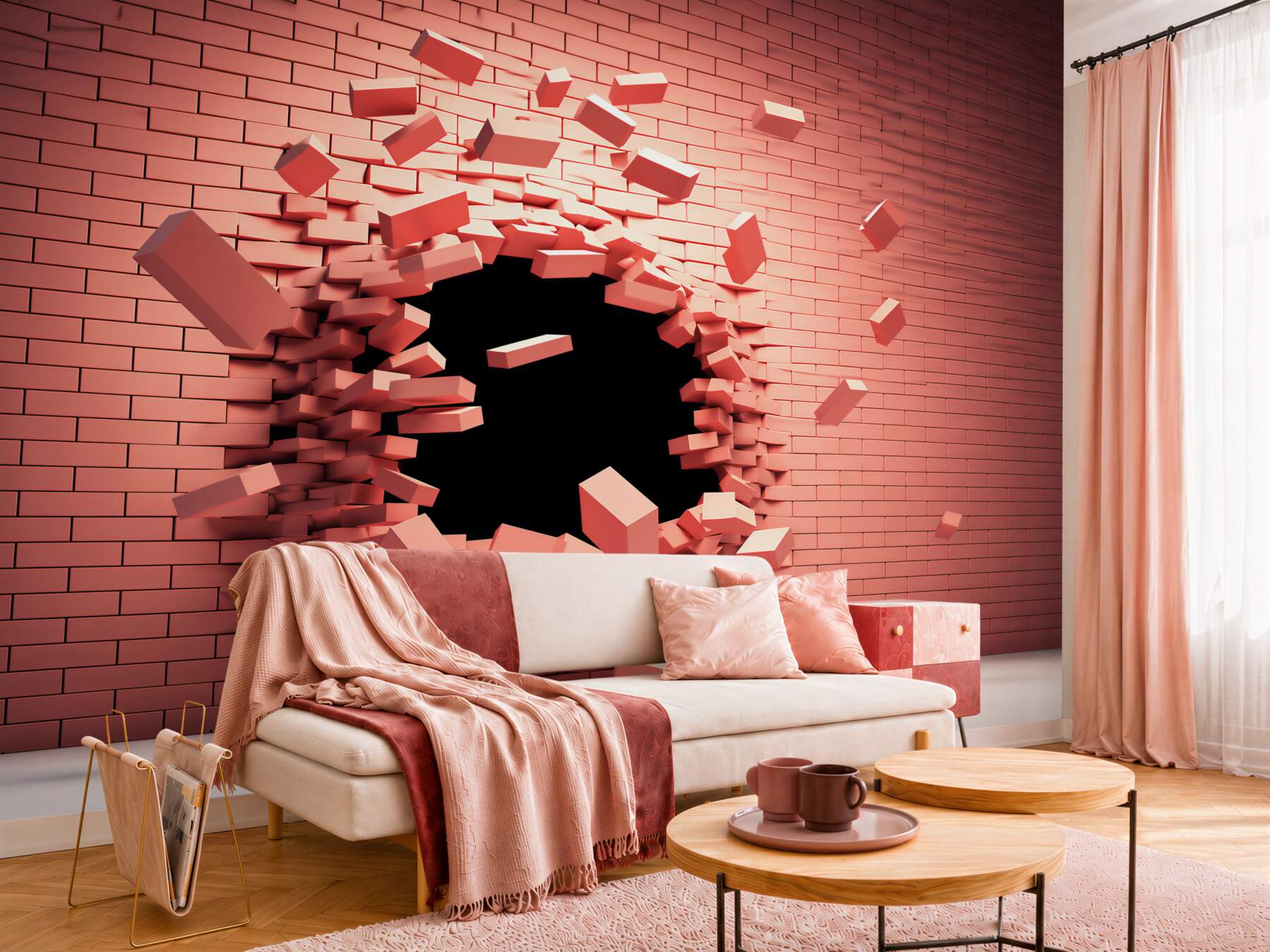 Fototapeta pękająca różowa ściana 3D z otworem nowoczesna?v23