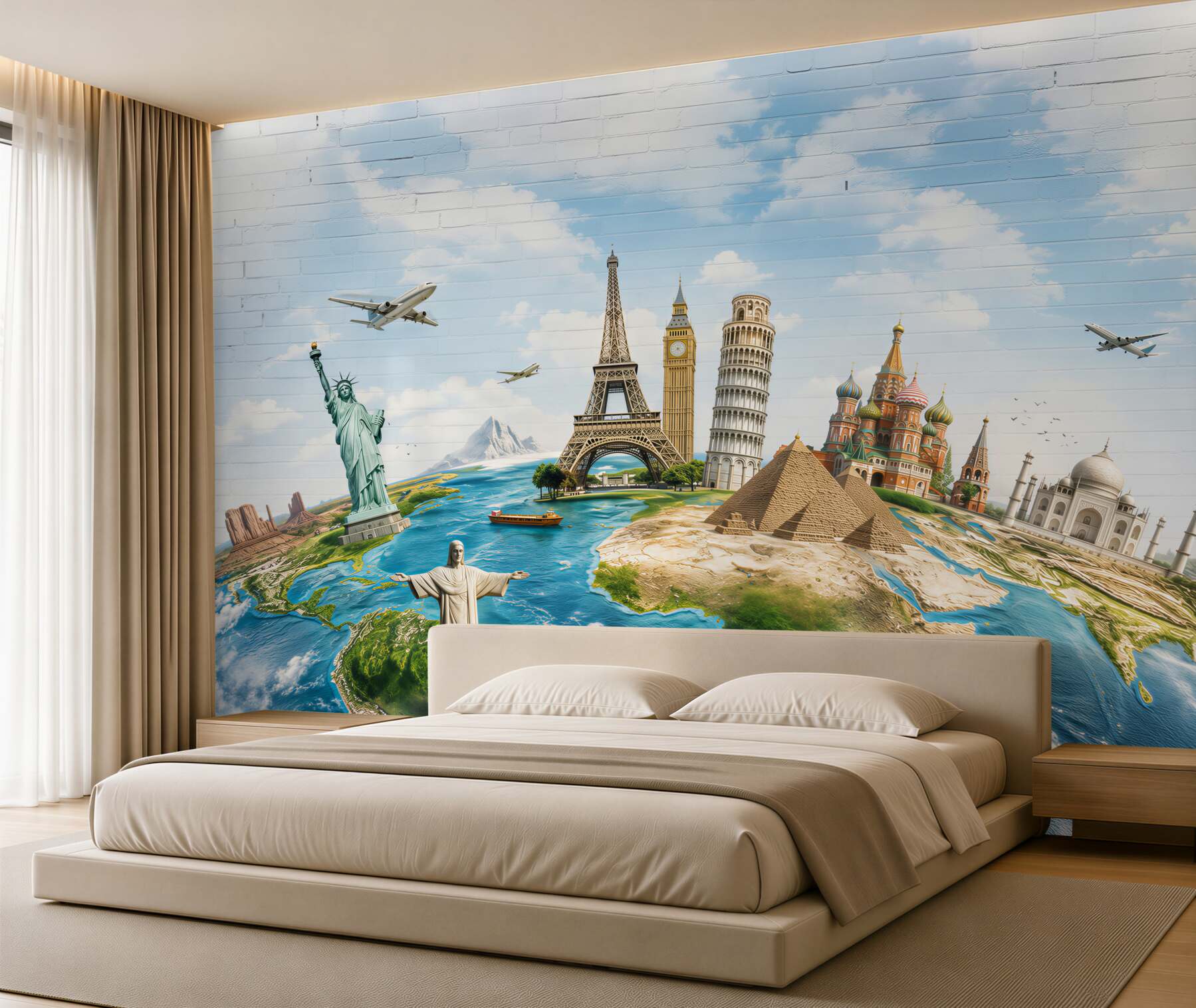 Fototapeta światowe zabytki na mapie świata pastelowa podróżnicza?v23