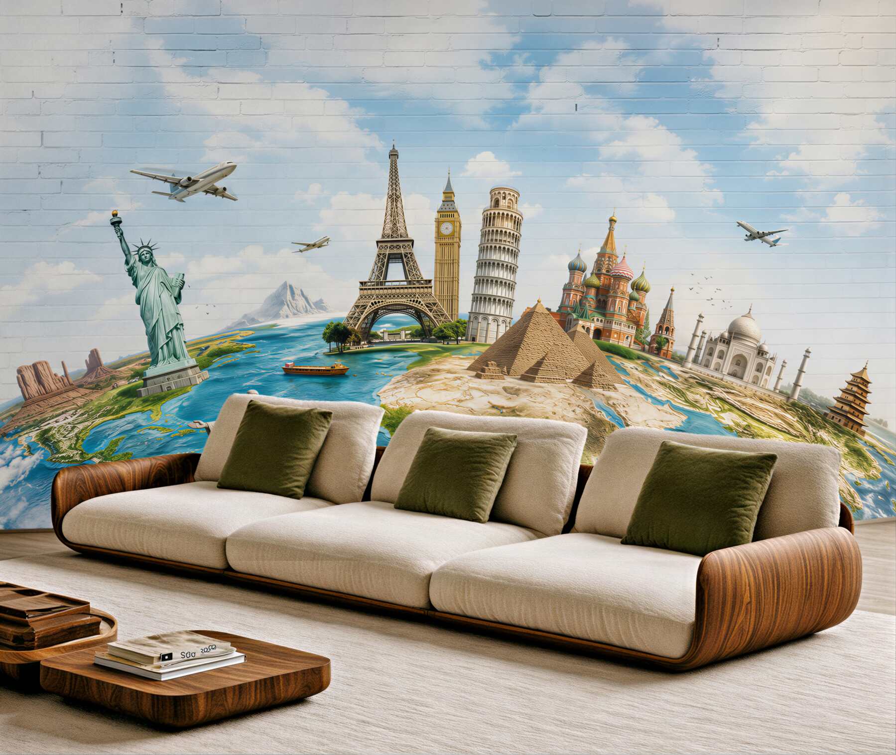 Fototapeta światowe zabytki na mapie świata pastelowa podróżnicza?v23