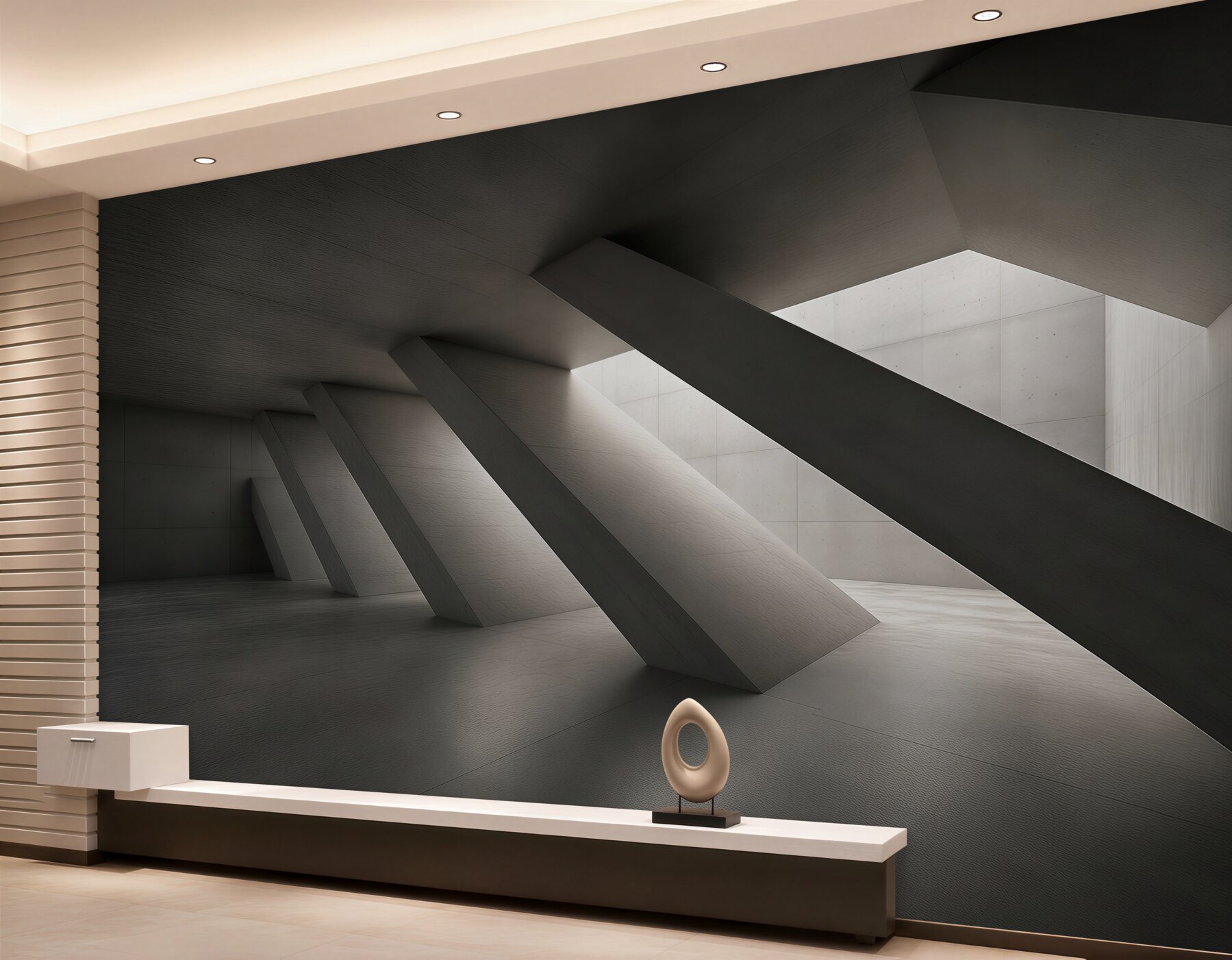 Fototapeta minimalistyczna architektura wnętrza beżowa z geometrycznym światłem?v23