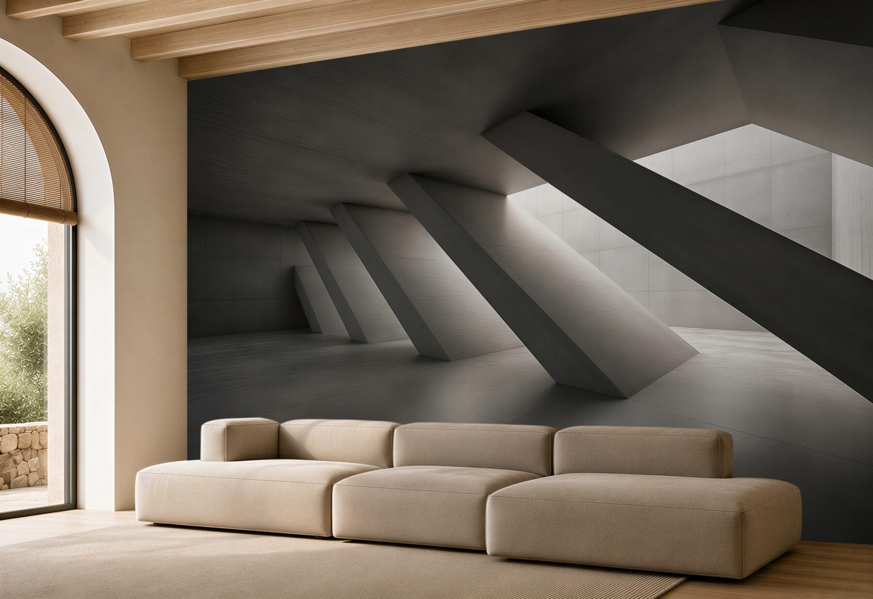 Fototapeta minimalistyczna architektura wnętrza beżowa z geometrycznym światłem?v23
