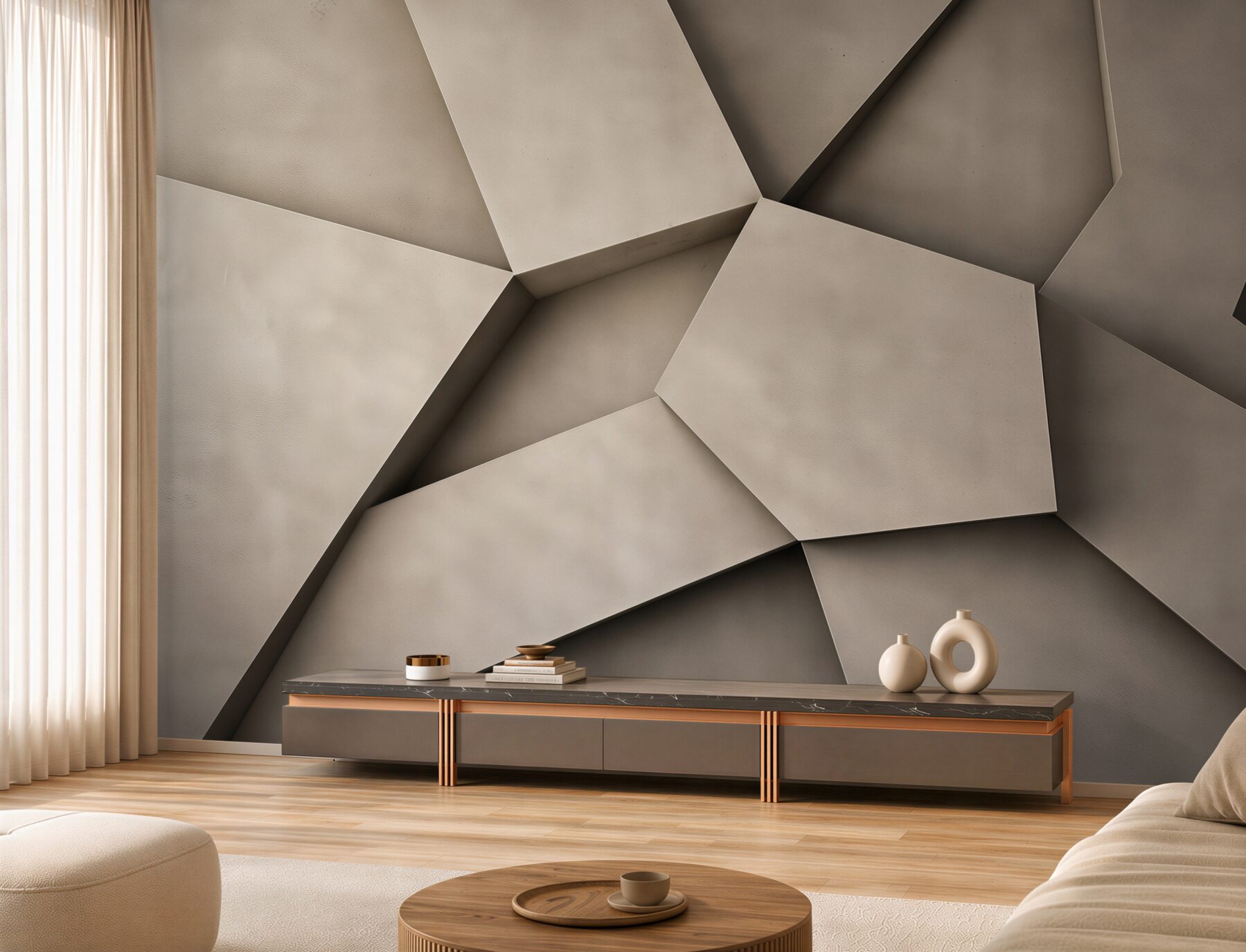 Fototapeta geometryczne panele 3D beżowe nowoczesna abstrakcja do salonu