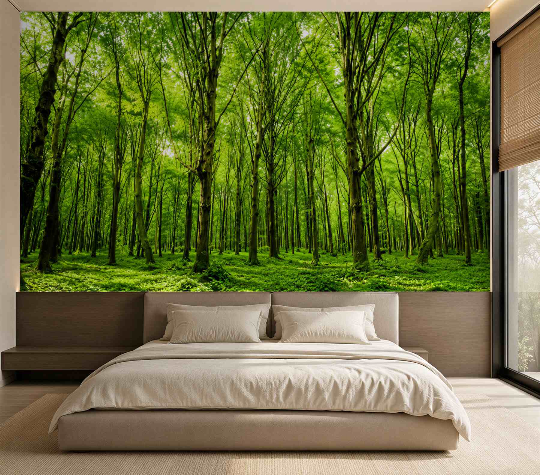 Fototapeta zielony las we mgle z promieniami słońca spokojna natura?v23