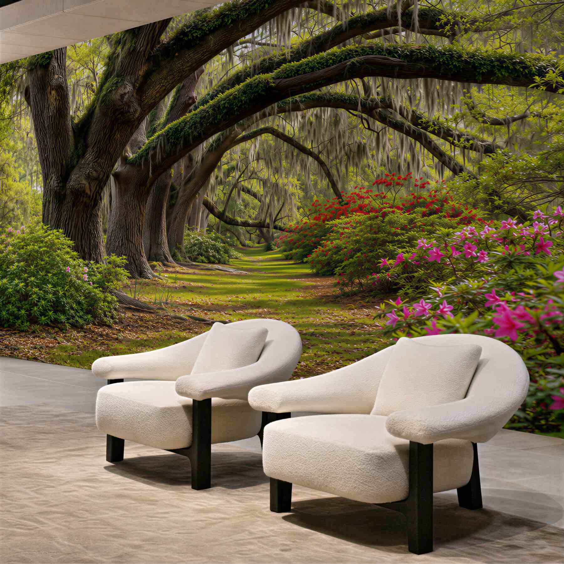 Fototapeta kwitnąca leśna ścieżka z różowymi azaliami i starymi drzewami?v23