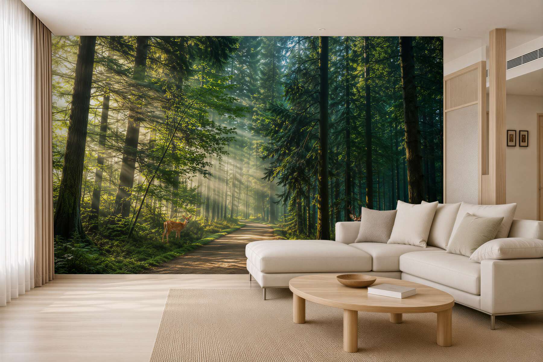 Fototapeta leśna ścieżka z jeleniami w promieniach słońca