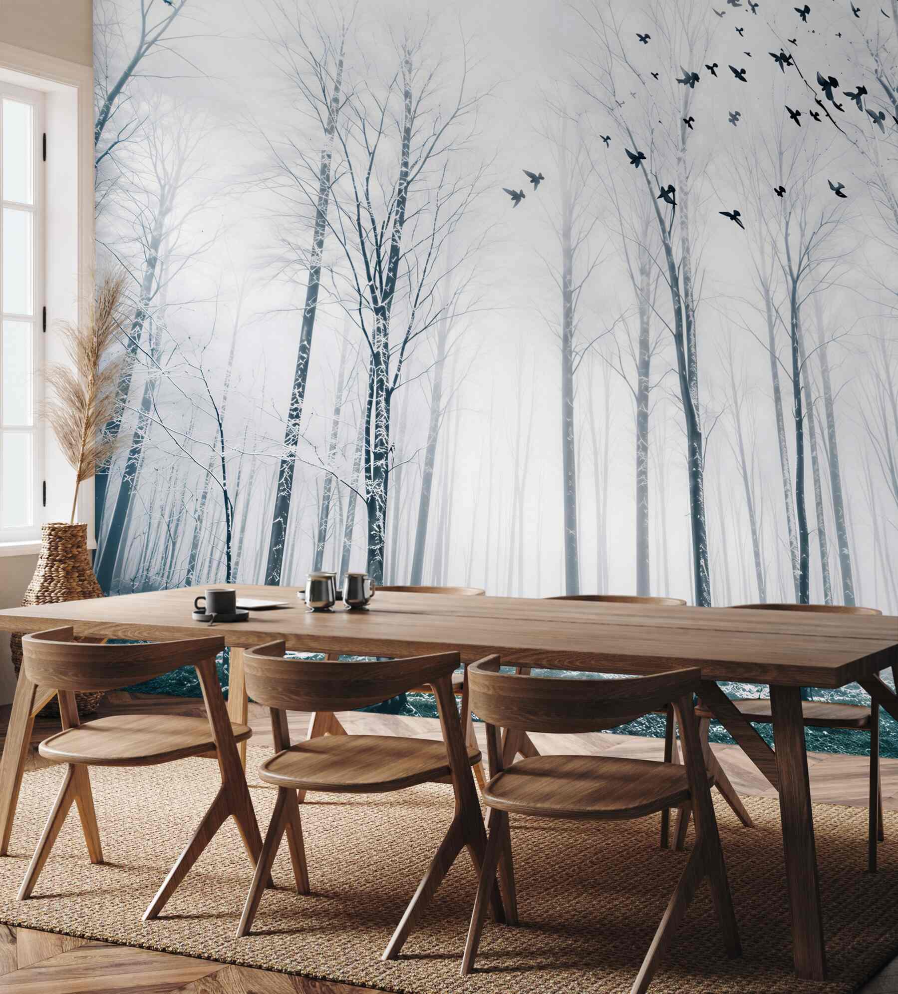 Fototapeta zimowy las we mgle z ptakami w jasnych pastelowych barwach?v23