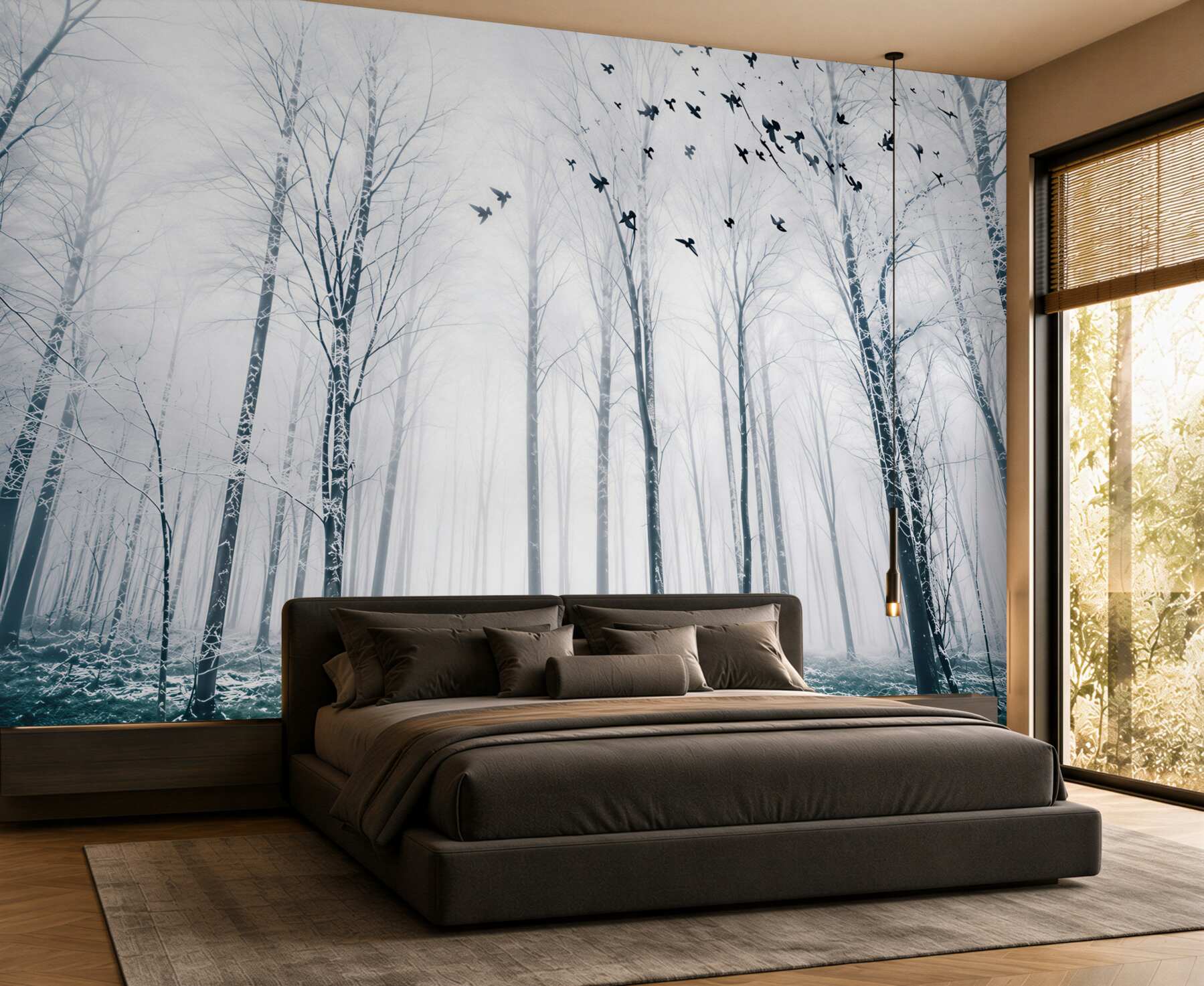 Fototapeta zimowy las we mgle z ptakami w jasnych pastelowych barwach?v23