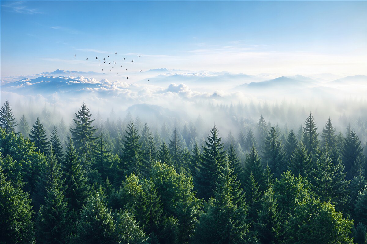 Fototapeta góry i las we mgle o poranku panoramiczna spokojna