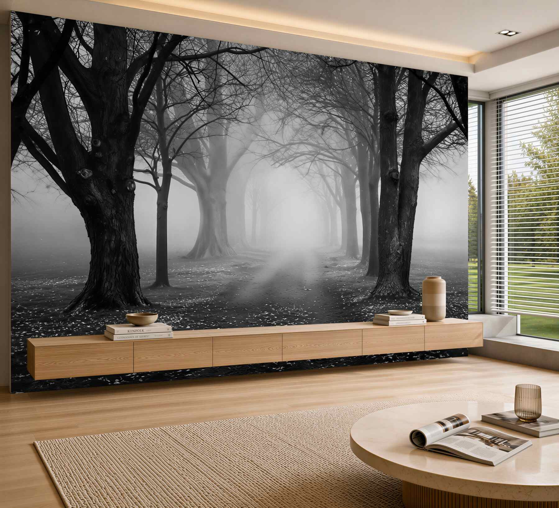 Fototapeta aleja drzew we mgle minimalistyczna beżowo szara do salonu