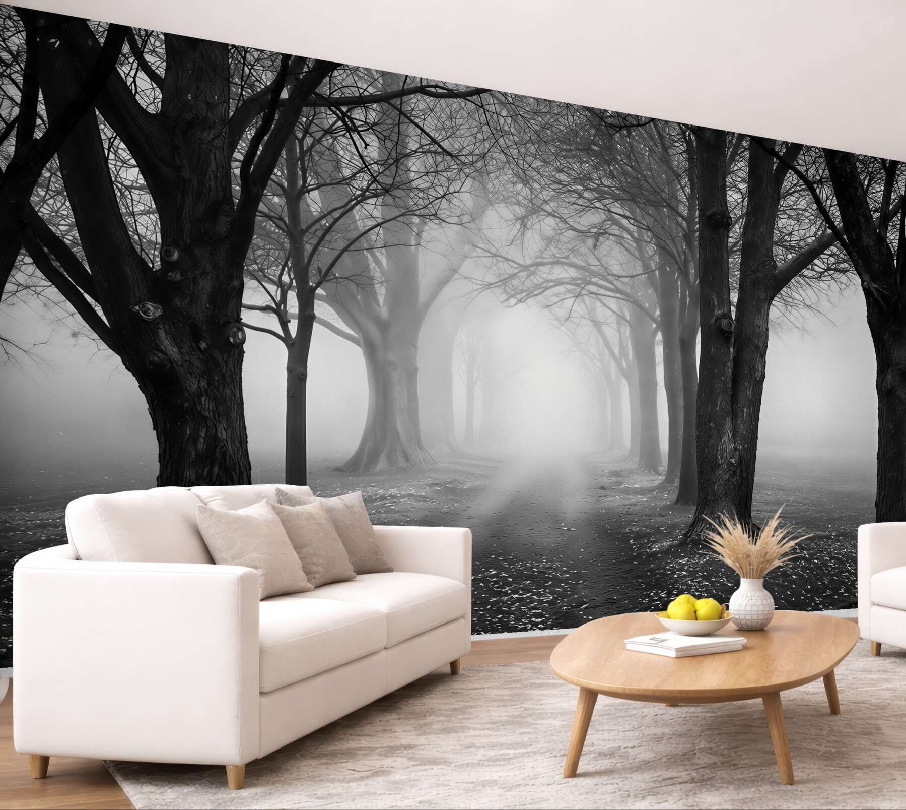 Fototapeta aleja drzew we mgle minimalistyczna beżowo szara do salonu?v23