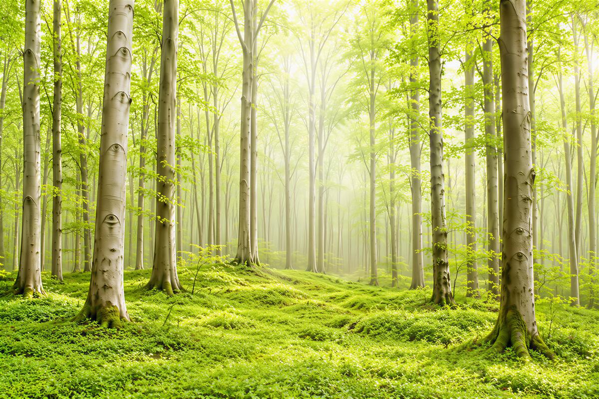Fototapeta jasny zielony las we mgle spokojny naturalny krajobraz