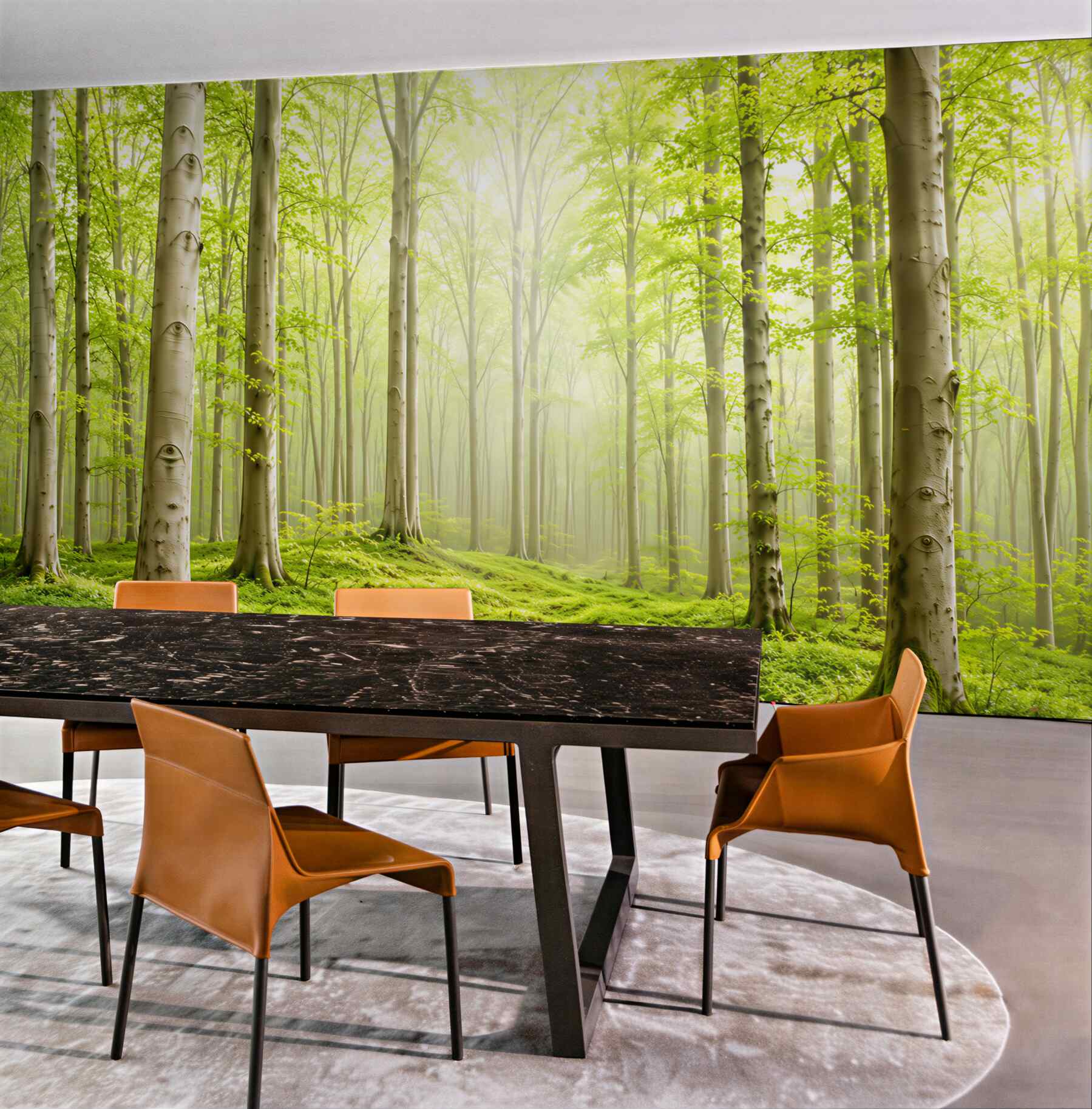 Fototapeta jasny zielony las we mgle spokojny naturalny krajobraz?v23