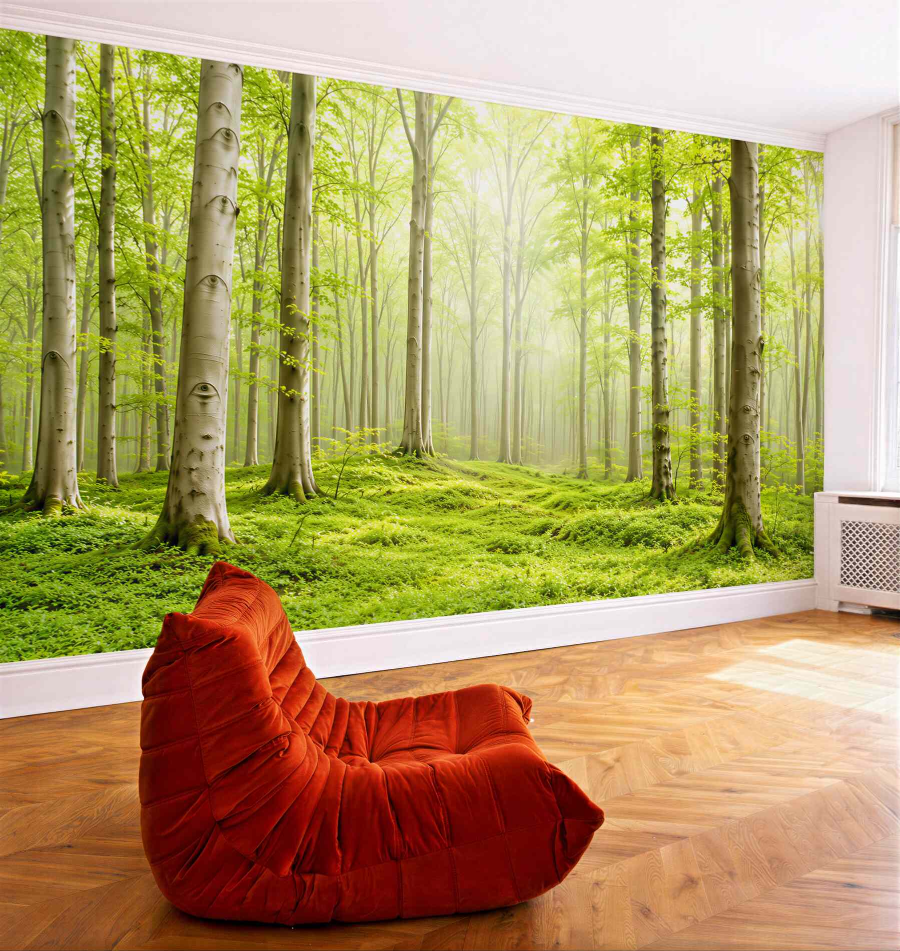 Fototapeta jasny zielony las we mgle spokojny naturalny krajobraz?v23