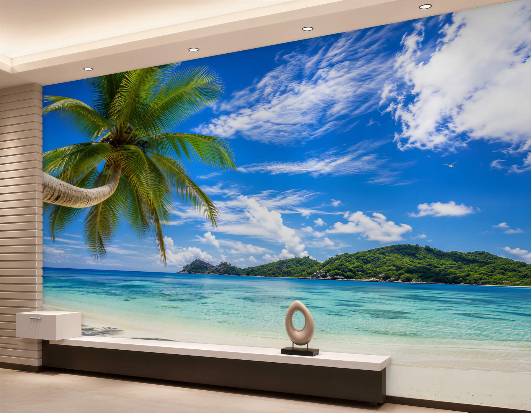 Fototapeta rajska plaża z palmą i kwiatami w pastelowych barwach