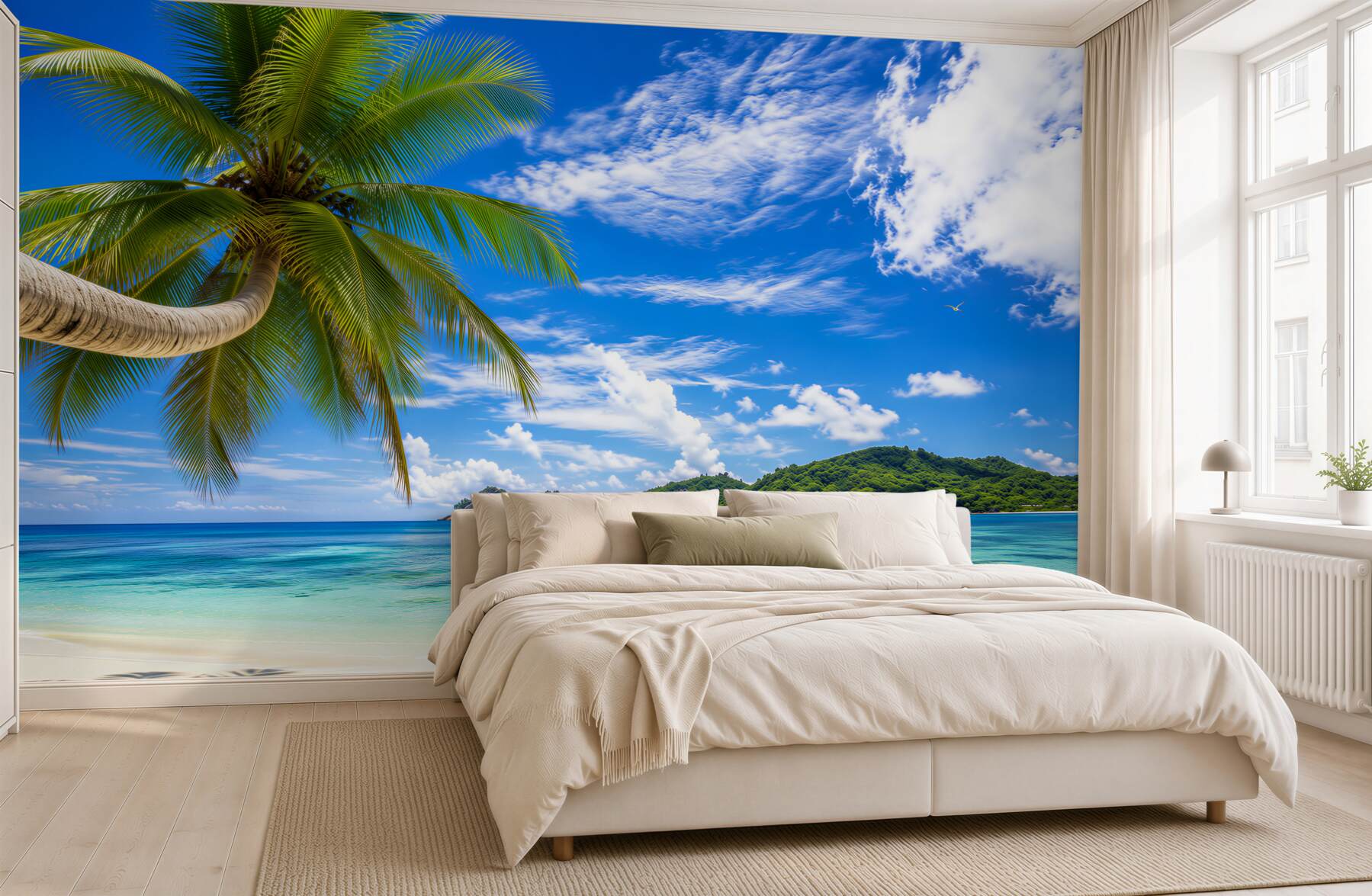 Fototapeta rajska plaża z palmą i kwiatami w pastelowych barwach?v23