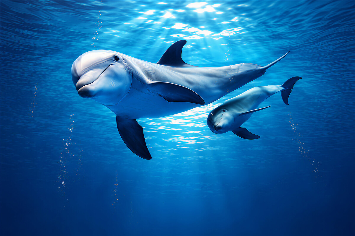 Fototapeta delfiny pod wodą w błękitnym oceanie spokojna