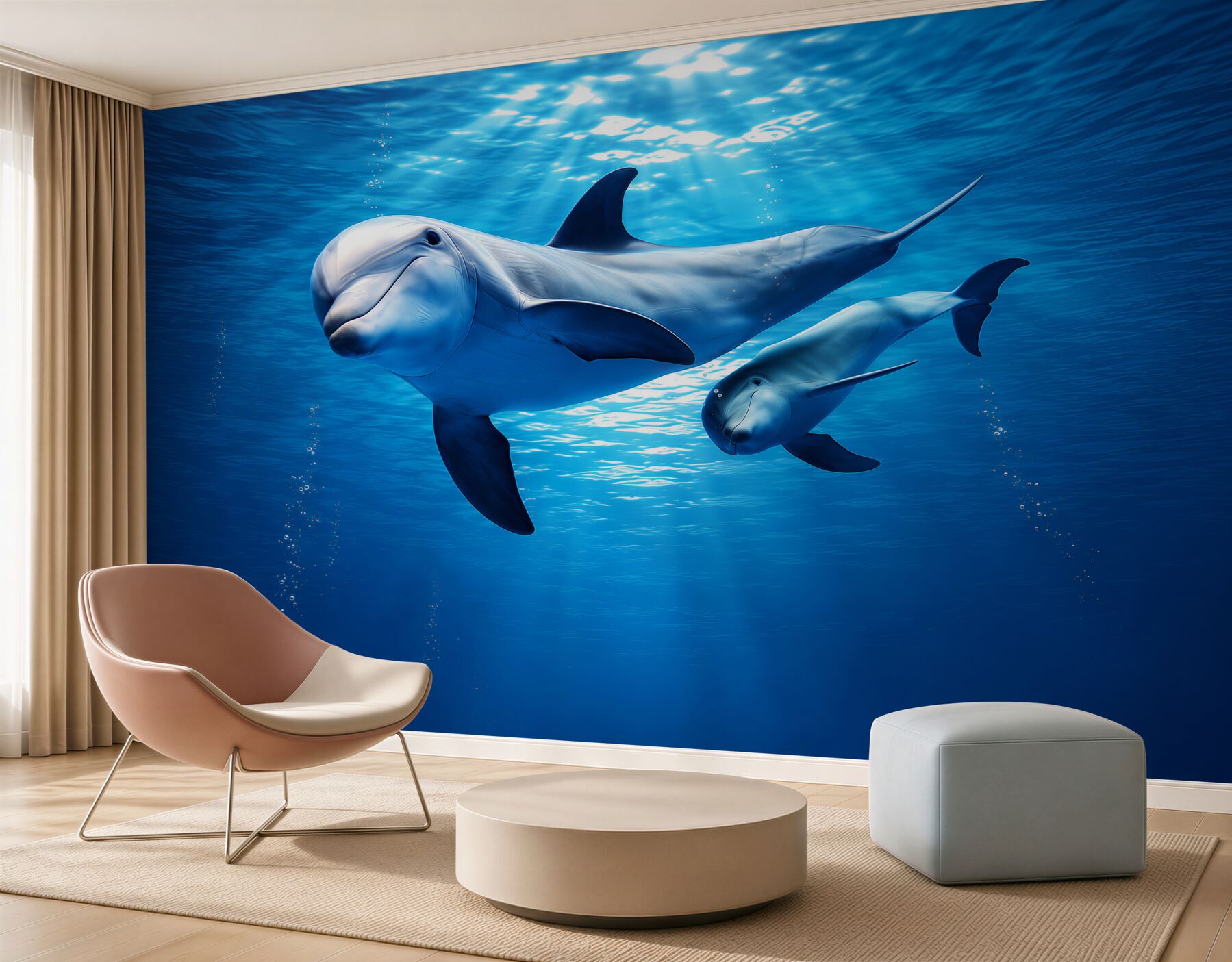 Fototapeta delfiny pod wodą w błękitnym oceanie spokojna
