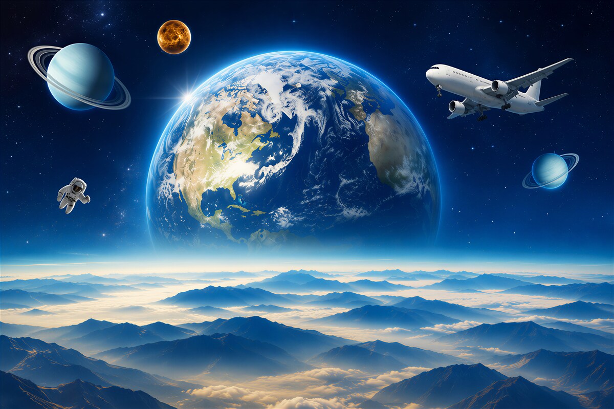 Fototapeta kosmiczny krajobraz z planetą nad górami w błękitnych pastelach
