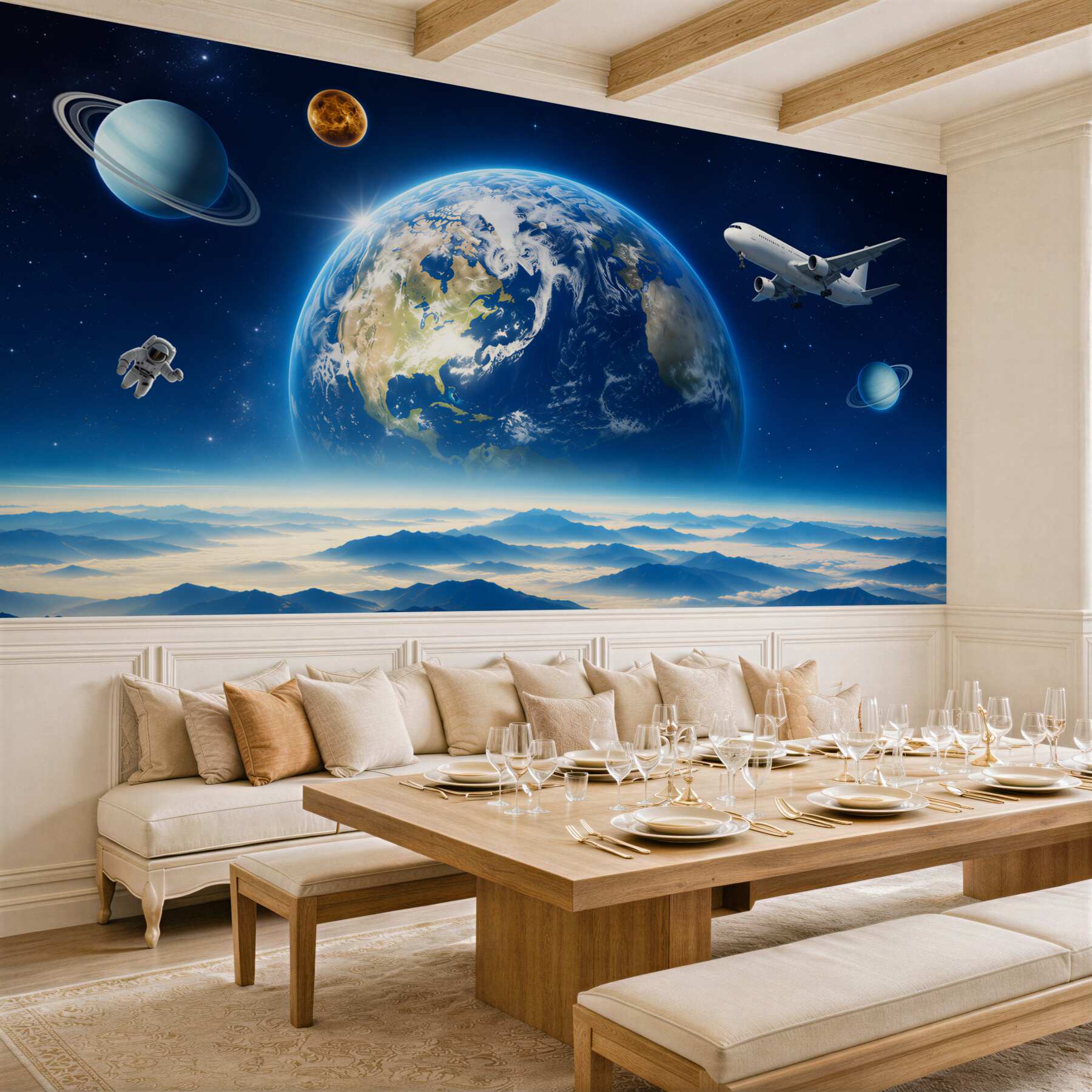 Fototapeta kosmiczny krajobraz z planetą nad górami w błękitnych pastelach?v23