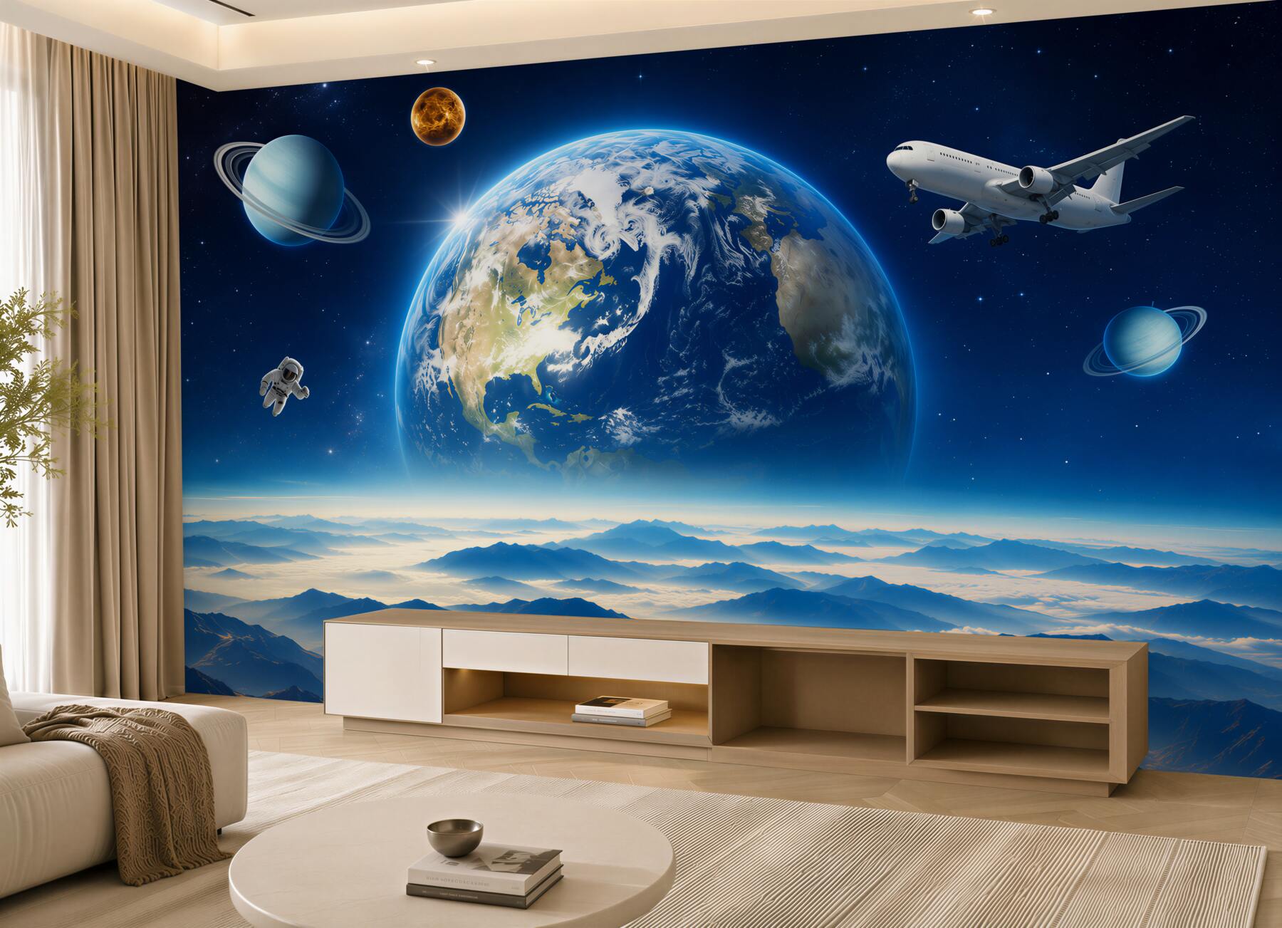 Fototapeta kosmiczny krajobraz z planetą nad górami w błękitnych pastelach