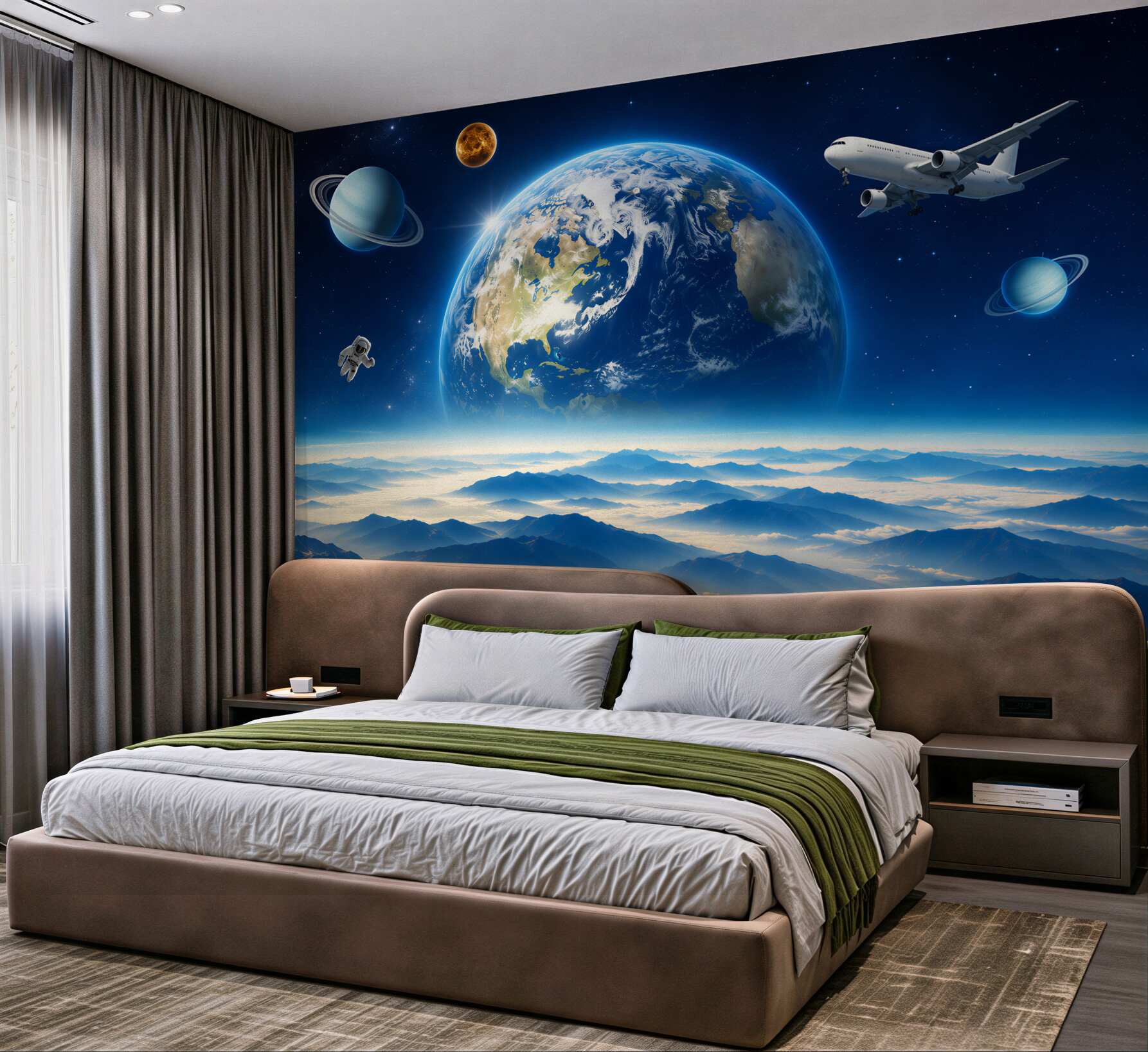 Fototapeta kosmiczny krajobraz z planetą nad górami w błękitnych pastelach?v23